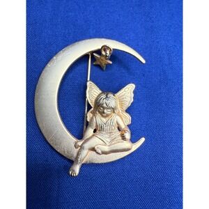 Vintage Fairy Angel  Brooch Signed JJ Crescent Moon with Star Gold Tone